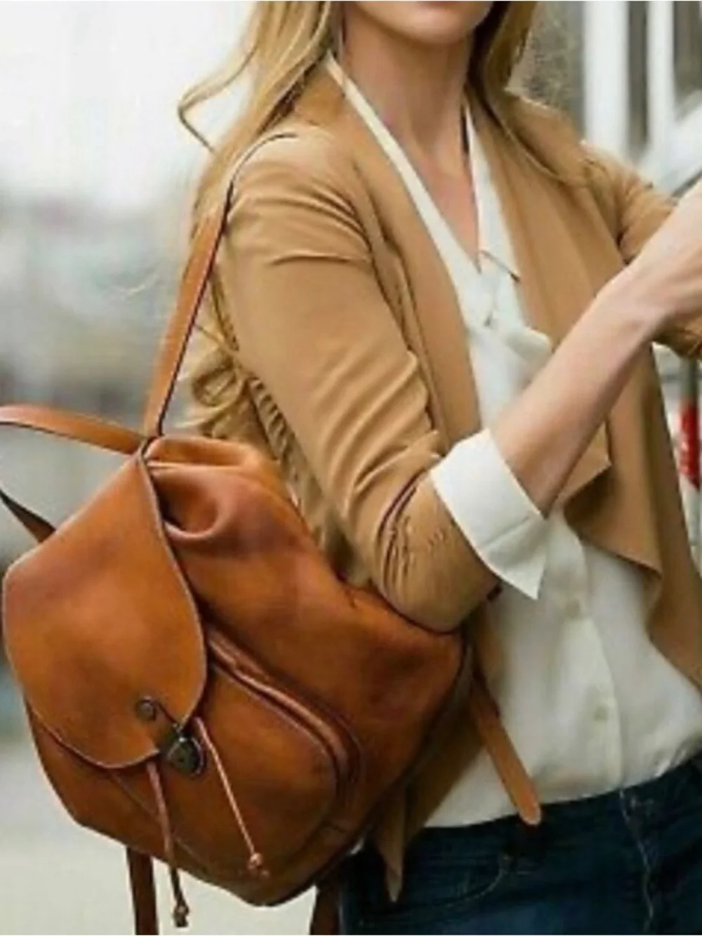 Patricia Nash Casape Cognac Brown Leather Drawstring Backpack